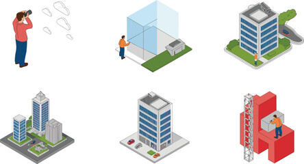 Fototapeta premium Isometric architecture workflow construction design process engineer photographer buildings development concept 3D illustration urban planning modeling city project visualization