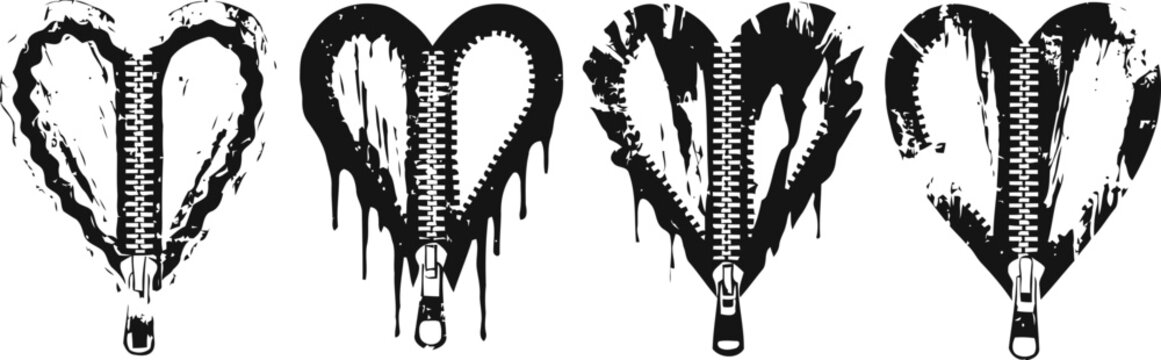 grunge zipper hearts set in black and white four stylized sketches showing zipper pulling down to form heart shapes with rough edges