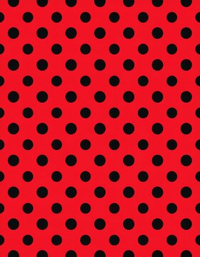 A vibrant, evenly spaced polka dot pattern on a red background. Black circles create a classic and playful textile design