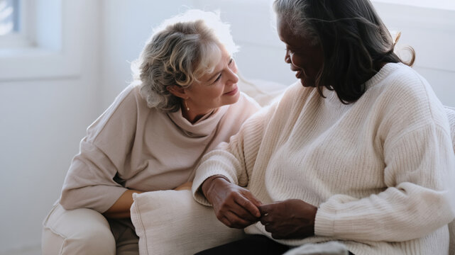 Two senior women of different ethnicities sharing a quiet supportive moment sitting together at home, friendship comfort and empathy concept