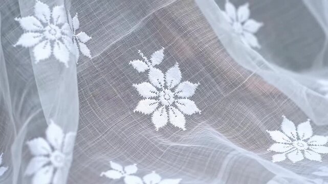 delicate white lace fabric with floral embroidery, soft sheer textile texture, gentle draped material, elegant home decor element, elegant background