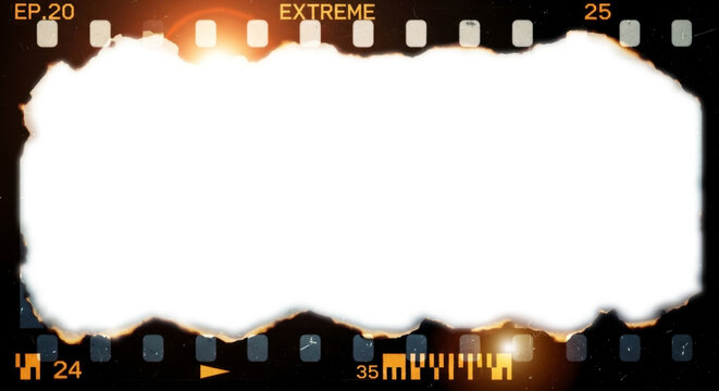 Vintage 35mm film frame with heavily burnt, singed edges and film perforations, featuring transparent checkerboard center with light leaks and extreme theme. Extreme adventure photography concept