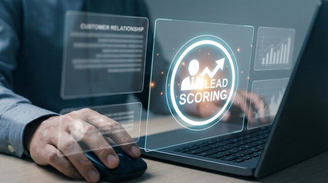 A person using a laptop for lead scoring and customer relationship management