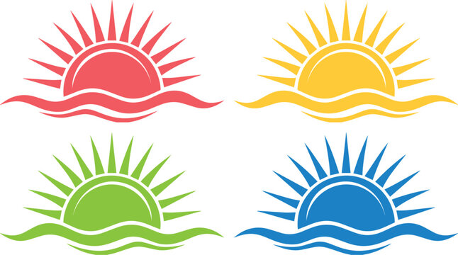 Sol naciente sobre olas de mar, colecci&oacute;n de 4 iconos vectoriales de amanecer, logotipos de sol y oc&eacute;ano en colores vibrantes