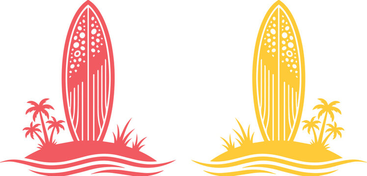 Iconos de tablas de surf en isla tropical, siluetas de surf con palmeras y olas, dise&ntilde;o vectorial de verano en colores rojo y amarillo