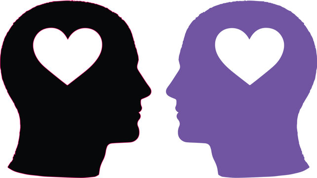 Inteligencia emocional y empat&iacute;a, siluetas de cabezas con corazones, concepto de salud mental y psicolog&iacute;a en formato vectorial