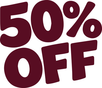 Letrero de 50% de descuento en color granate, etiqueta de oferta especial a mitad de precio, vector de rebajas comerciales
