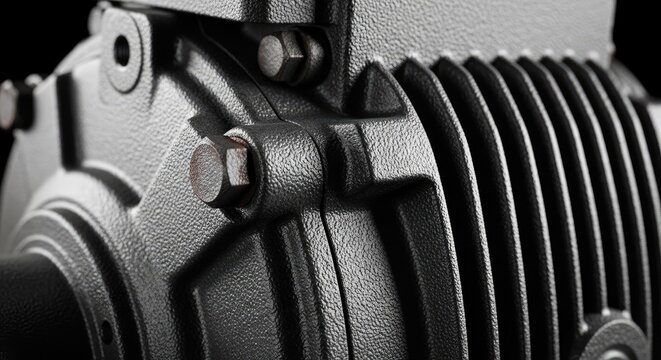 view details the textured metallic casing and fasteners of industrial machinery.