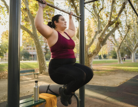 Focused plus-size woman performing tricep dips on parallel bars in an outdoor park under warm cinematic sunlight