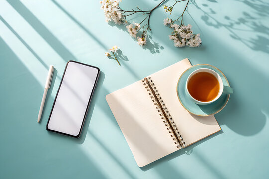 Digital Detox Concept with Smartphone Put Aside and Notebook, Spring Reset
