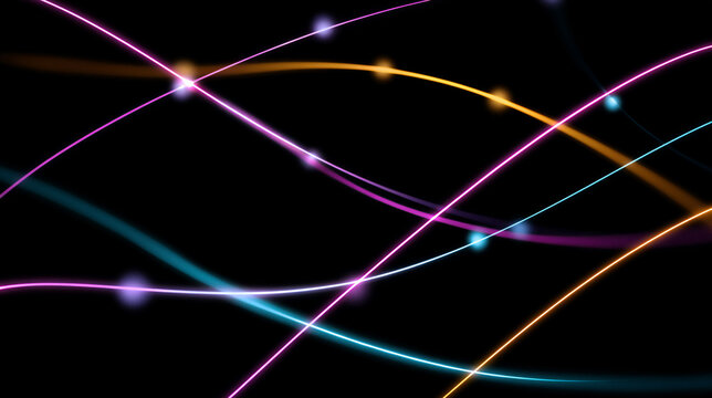 Dynamic colorful light trails blinking on black background. Abstract animation of glowing curved lines in motion. Futuristic digital graphics concept for visual effects and modern design