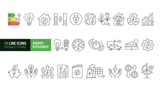 Set of 26 Energy Efficiency line icons set. Energy Efficiency outline icons with editable stroke collection. Includes Electricity Cost, Wind Energy, Energy Saving, Bill, Electric Car, and More.	