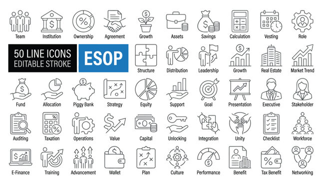 Set of 36 ESOP line icons set. ESOP outline icons with editable stroke collection. Includes Employee, Stock, Ownership, Plan, Management, and More.