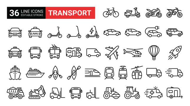 Set of 36 Transport line icons set. Transport outline icons with editable stroke collection. Includes Car, Bus, Forklift, Airplane, Tractor and More.