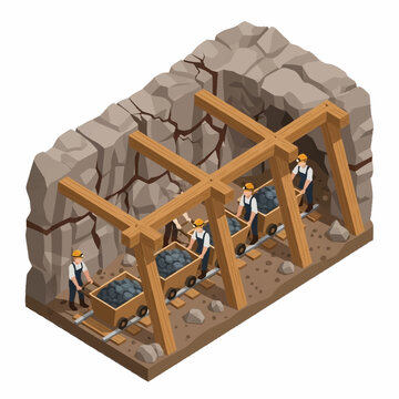 Isometric Coal Mine Scene with Workers and Carts.