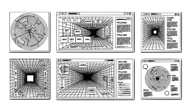 Modern abstract black and white retro futuristic posters with UI interface templates grid tunnel circles acid style vector set