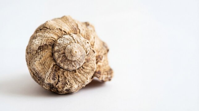 A fossilized ammonite shell on a white background
