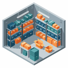 Isometric Storage Unit with Shelves and Boxes Illustration. © Joko