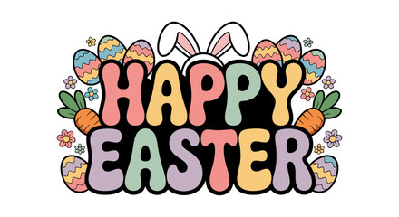 Obraz premium Happy Easter text with cute bunny ears and colorful Easter eggs and carrots illustration