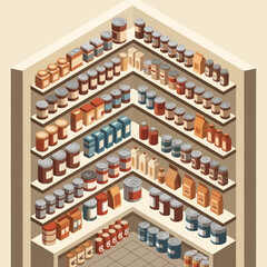 Isometric pantry shelves stocked with various food items. © Joko