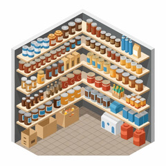 Isometric Pantry Illustration - Organized Shelves with Food Storage and Supplies. © Joko