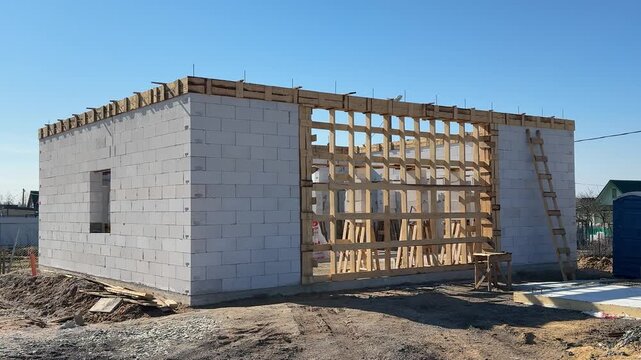 Aerated concrete cottage under construction wooden decking and exposed timber framing under clear blue sky, rubble and gravel.