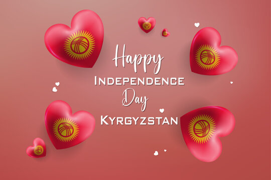 Kyrgyzstan Independence Day celebration graphic with hearts and tunduk sun emblem on red and yellow festive background