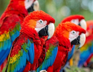 Naklejka premium Vibrant row of scarlet macaws with brilliant red, blue, and yellow feathers, against green backdrop