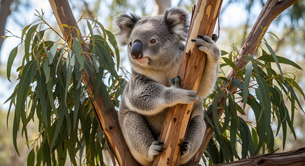 Naklejka premium A cute grey Australian koala bear sits on a eucalyptus tree branch eating a leaf in the wild nature of the bush