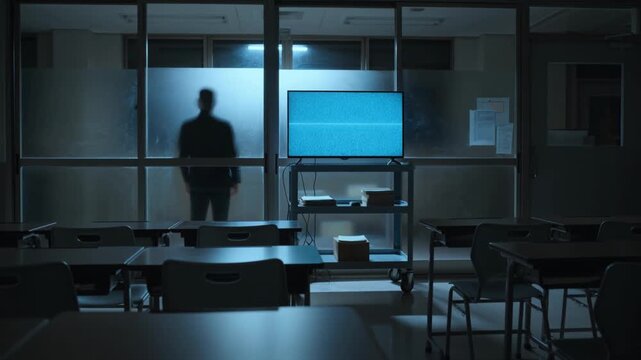 A lone man stands in a dimly lit classroom with a glowing screen