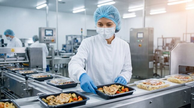 A food factory worker in a hairnet and face mask prepares meals on a production line