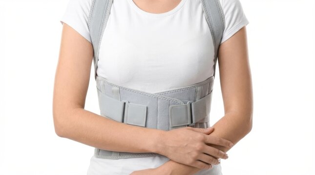 Close up of a person wearing a grey back brace and a white t shirt The supportive posture corrector is visible on the