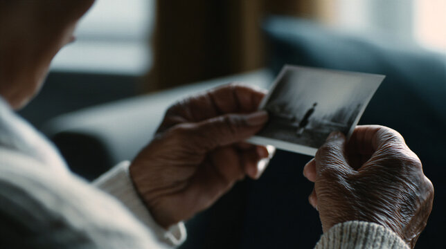 Elderly hands gently holding vintage photograph in close-up view. Nostalgic reminiscence of past memories and family heritage. Emotional connection to personal history and aging gracefully concept