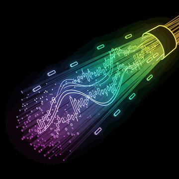 Optical fiber cable transmitting data with colorful light beams and digital signals.
