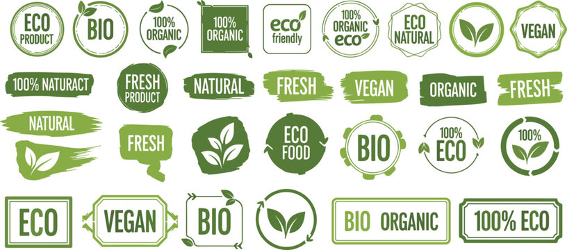 Large Collection of Green Eco Friendly Product Labels Featuring Organic Bio Vegan and Natural Food Badges with Leaf Icons and Grunge Brush Textures for Sustainable Packaging Design