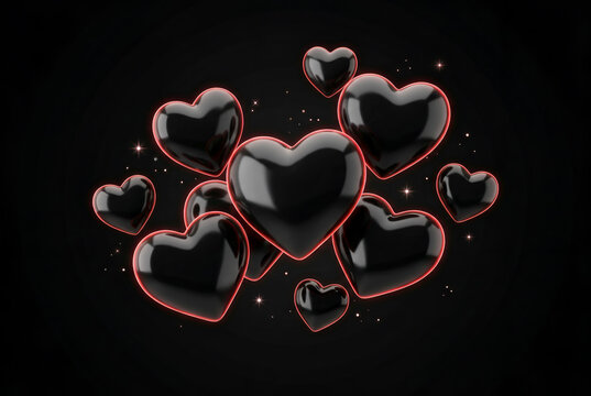 Scattered black hearts with glowing red outlines and sparkles on dark background