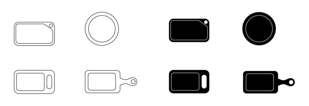 Tabla de picar comida en madera y en metal. Conjunto de iconos en blanco y negro para restaurante, tiendas y fiambrer&iacute;a. Ilustraci&oacute;n vectorial para sitio web, folleto, app y otros.