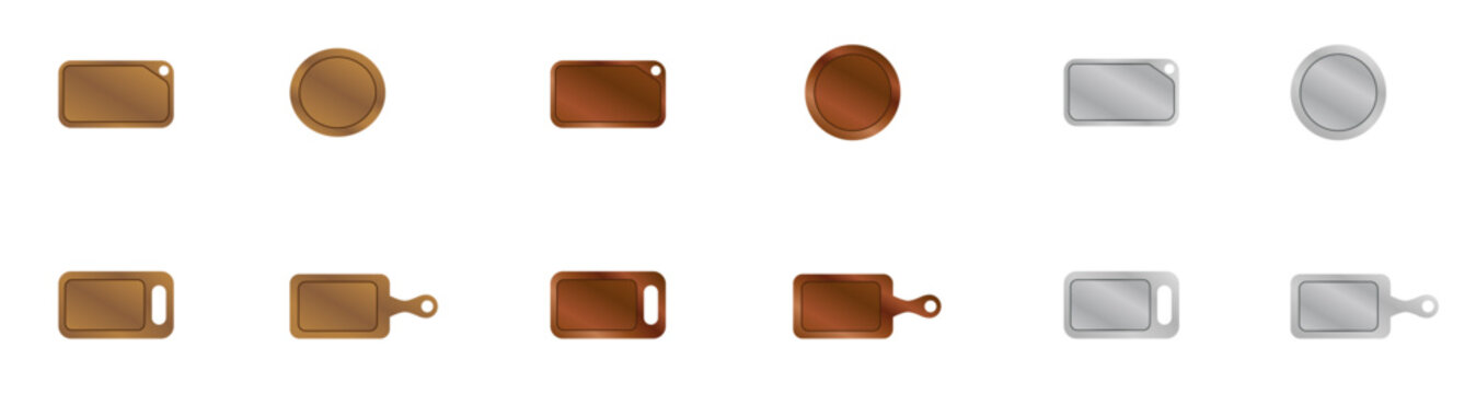 Tabla de picar comida en madera y en metal. Conjunto de iconos en color para restaurante, tiendas y fiambrer&iacute;a. Ilustraci&oacute;n vectorial para sitio web, folleto, app y otros.