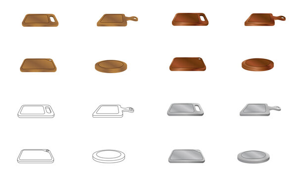 Tabla de picar comida en madera y en metal. Conjunto de iconos en color para restaurante, tiendas y fiambrer&iacute;a. Ilustraci&oacute;n vectorial para sitio web, folleto, app y otros.