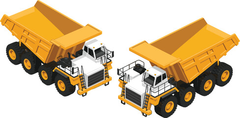 Isometric mining dump truck illustration, heavy duty haul truck vehicles, industrial construction machinery, large yellow dumper transport, quarry equipment design artwork © Vexora Studio