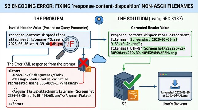 A detailed infographic explaining how to fix S3 encoding errors for non-ASCII filenames using RFC 8187