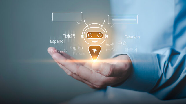 AI chatbot translation concept, communication technology, automation, global interaction, customer support, and intelligent digital services. virtual assistant and multilingual language interface