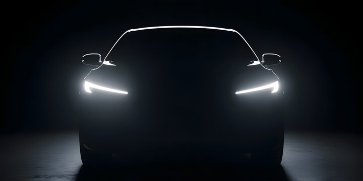 Sleek modern car silhouette with glowing headlights in dark background futuristic vehicle design