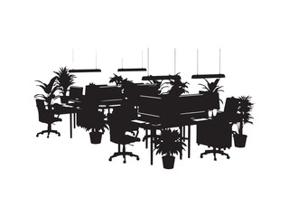 Silhouette of modern open office with workstations and plants on white background.eps