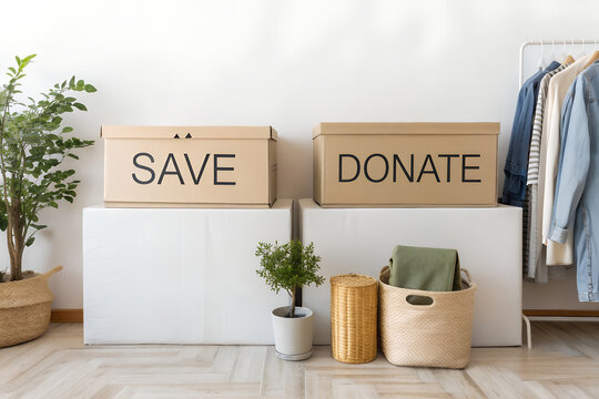 Decluttering Concept with Save and Donate Boxes, Minimal Organization
