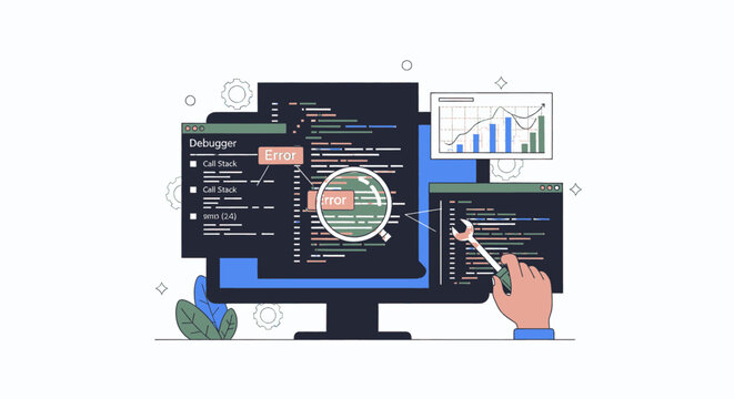 Software Development and Debugging Process on Computer Screen.