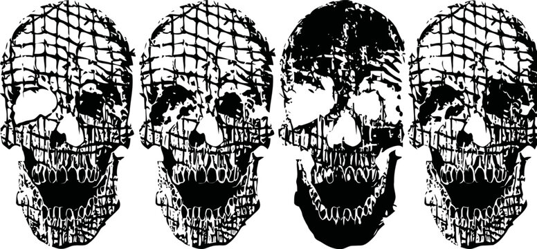 Set of four artistic skull illustrations with mesh pattern overlay in black and white