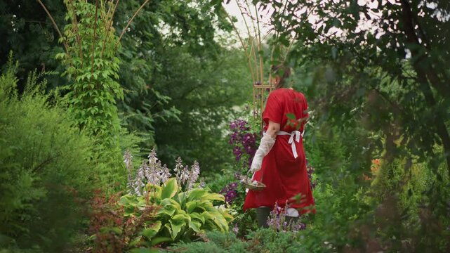 White woman in red dress walking away through dense green garden, back view showing apron detail, purple blooms and hosta framing narrow path, soft overcast light creating serene mysterious atmosphere