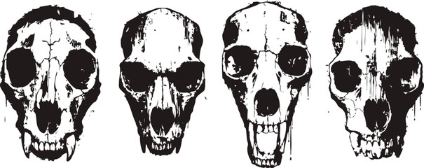 Fototapeta premium four black and white animal skull illustrations with distinct facial structures isolated on white