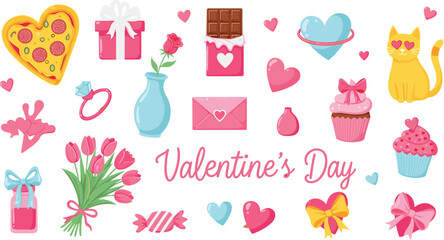 Fototapeta premium Valentines Day Love Icon Set Featuring Hearts Gifts Flowers Chocolate Cupcakes and Romantic Elements for Holiday Greeting Design Collection